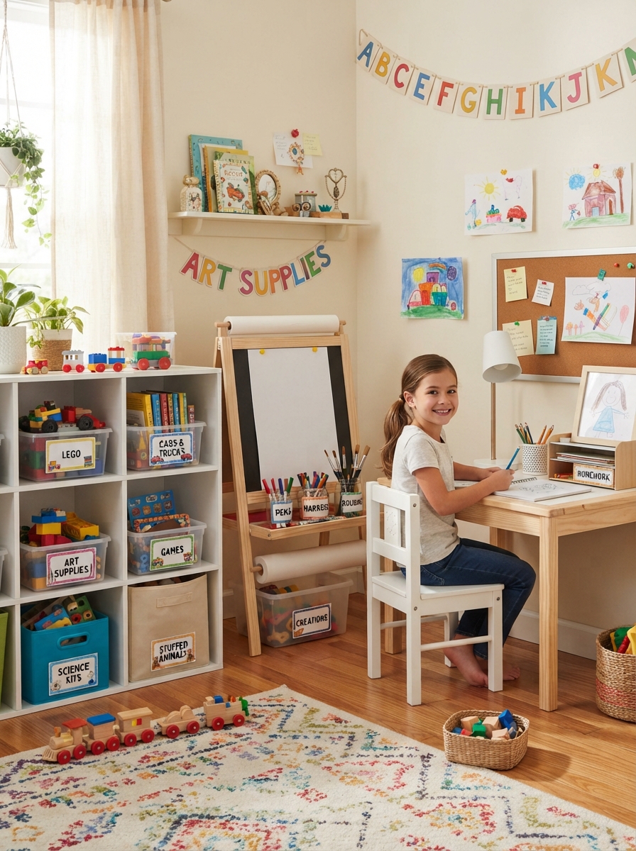 Playroom corner with bins desk