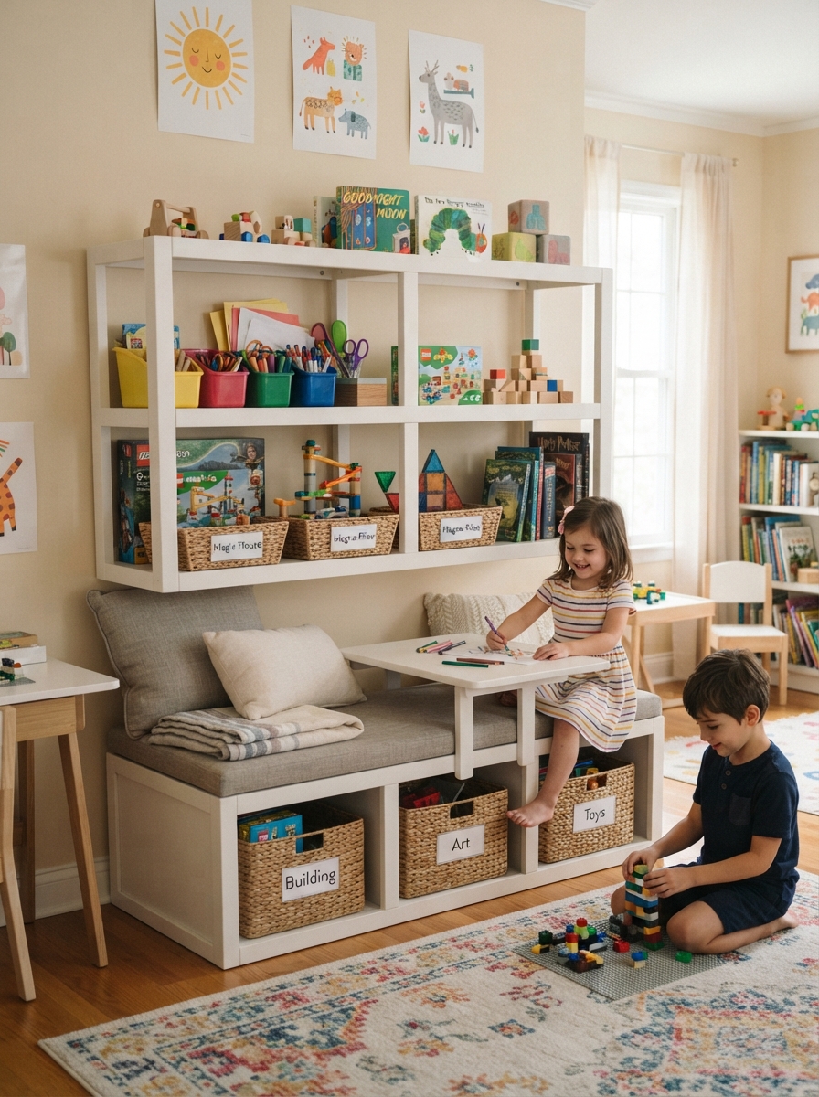 Playroom shelf restyled as kids grow older