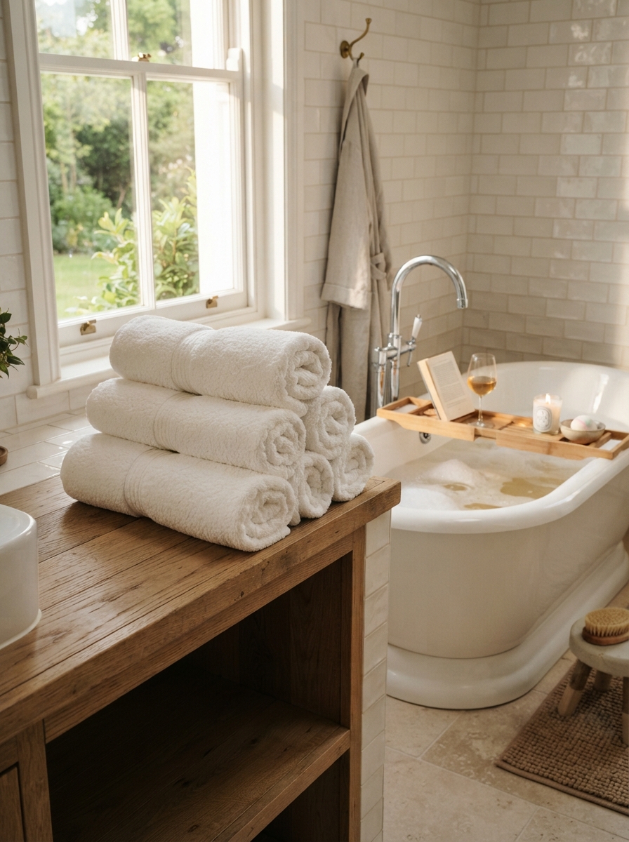 Plush white rolled towels on an open shelf