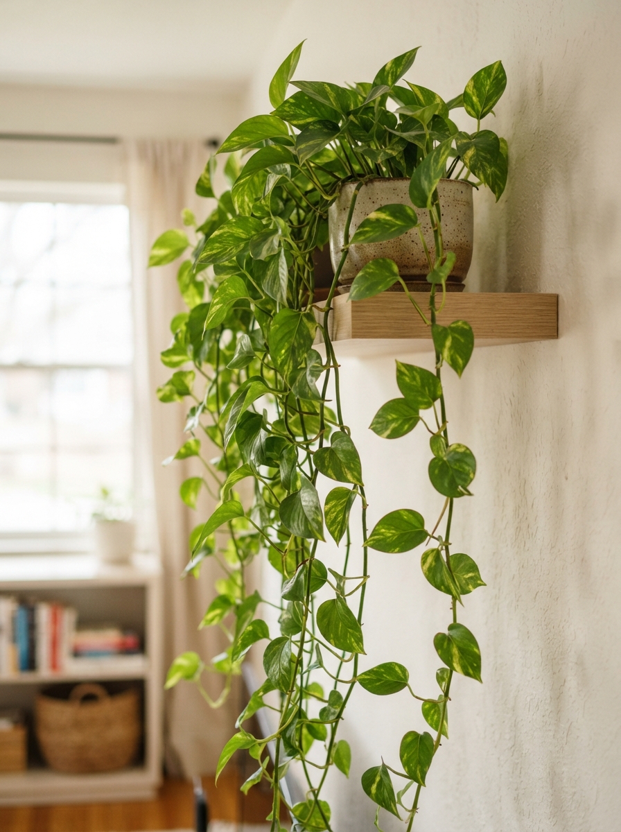 Trailing pothos cascading down from a floating shelf