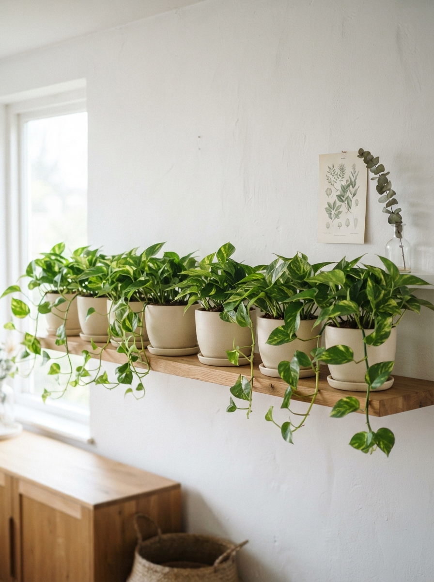 Matching pothos plants repeated across a shelf