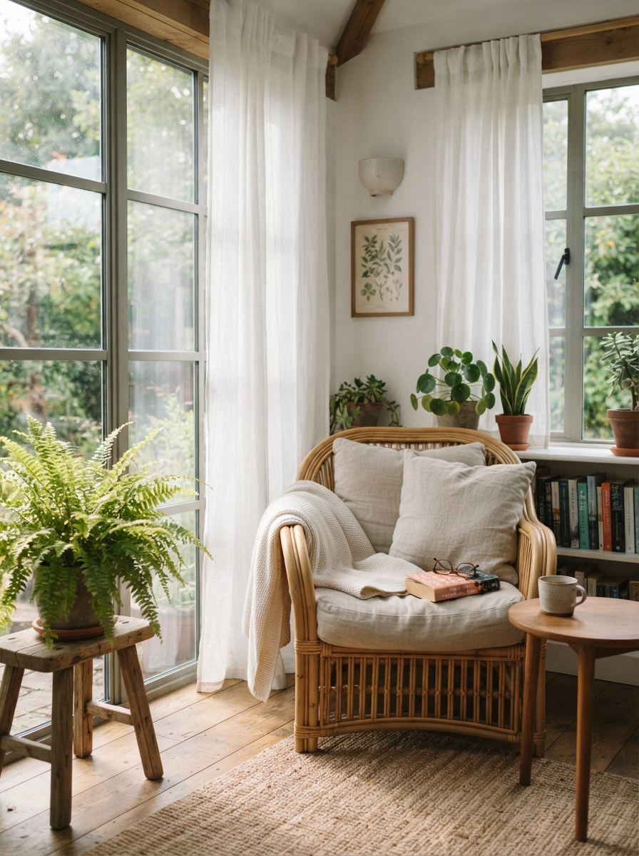 Rattan chair reading nook with linen cushions in bright daylight