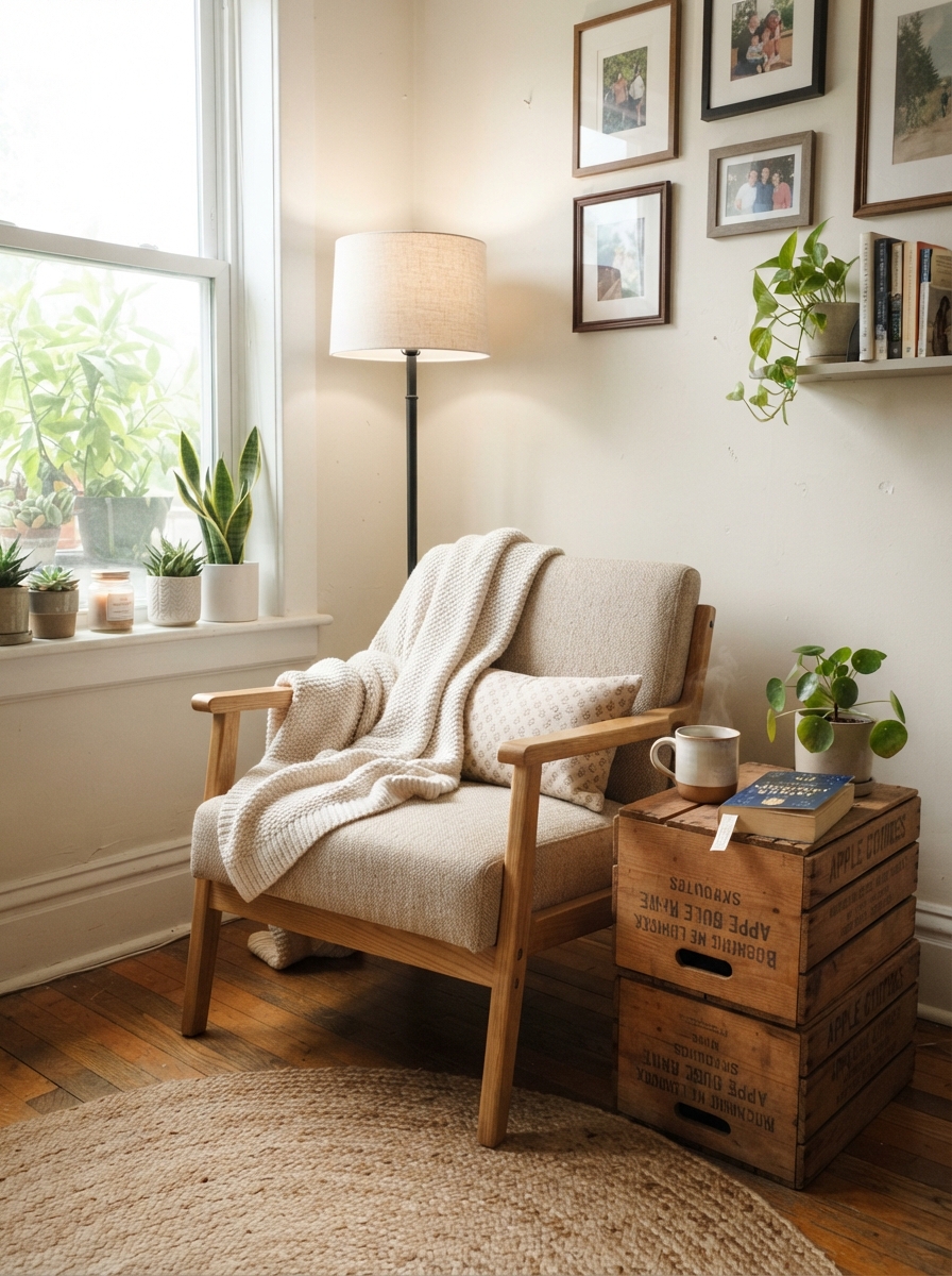 Budget-friendly reading corner with accent chair and crate side table