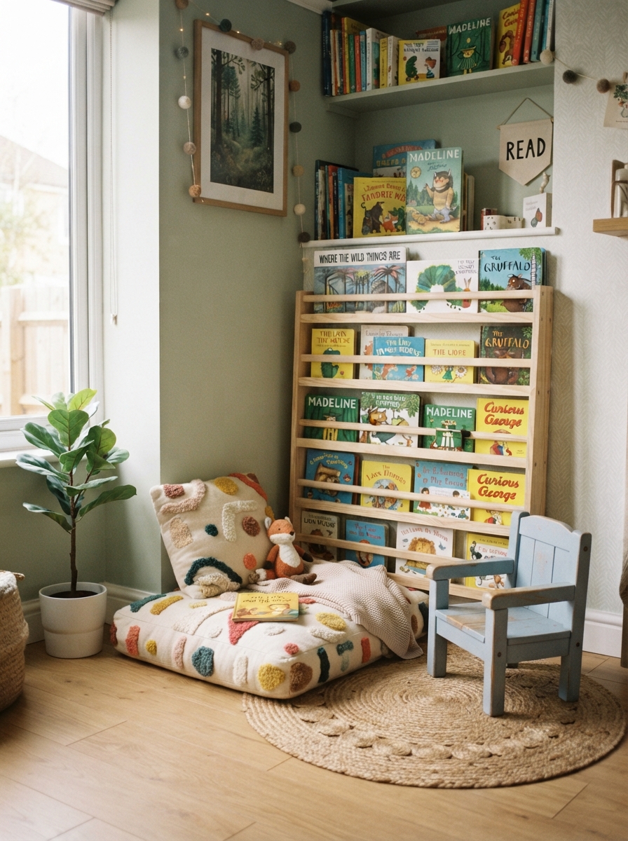 Reading corner with a bookshelf and floor cushions