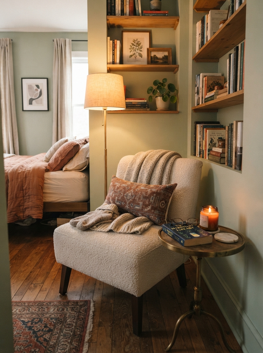 Small reading nook built into an awkward bedroom corner