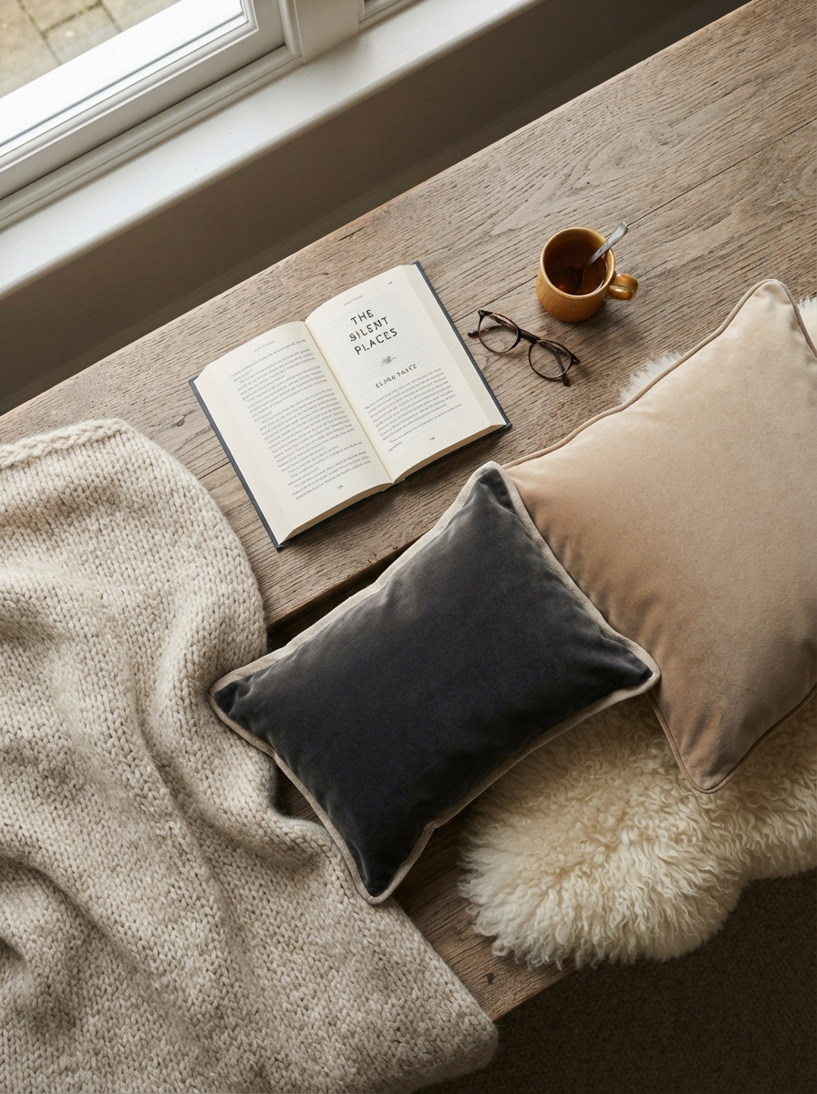 Reading nook textiles flat lay with knit throw and velvet cushions