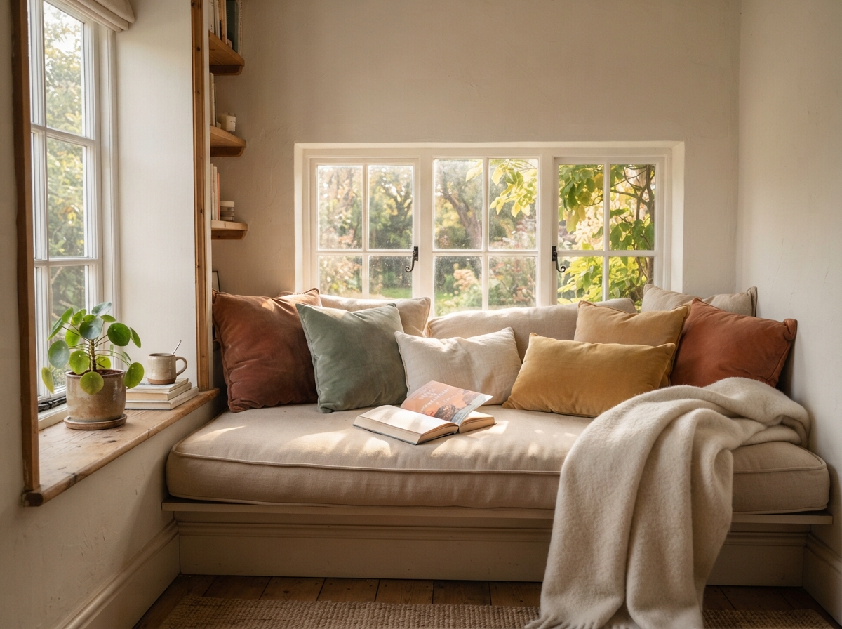 Cozy window seat reading nook with cushions and warm afternoon light