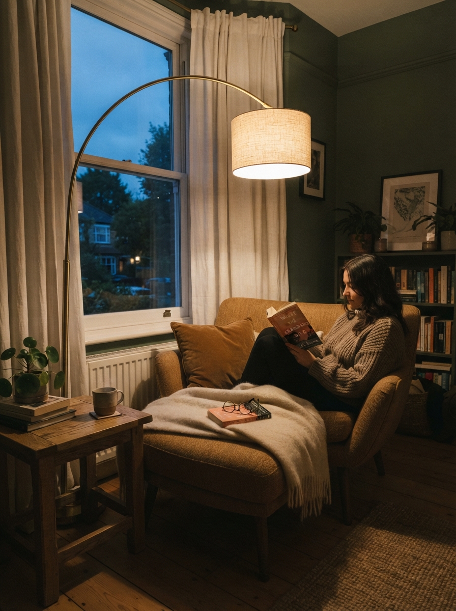Reading nook lit by warm arc floor lamp at dusk