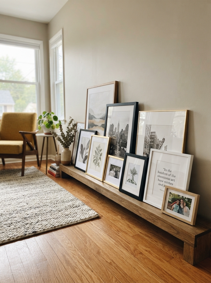 Renter-friendly gallery wall using adhesive strips instead of nails