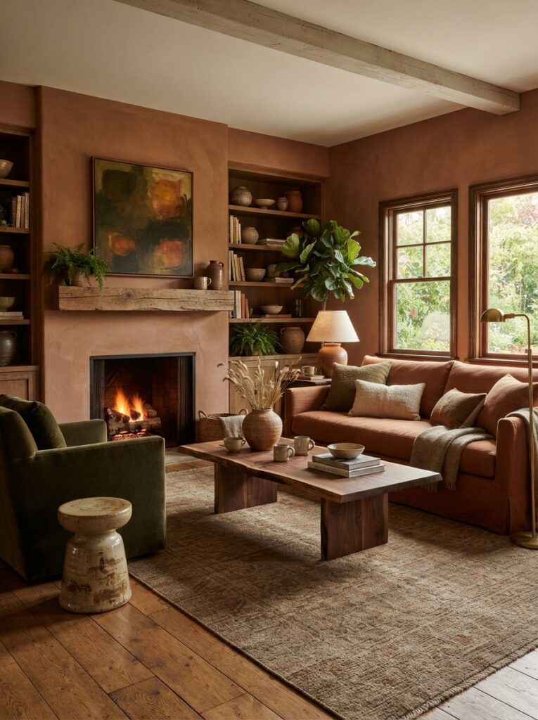 rich earth tone interior with warm ceramics in terracotta and rust