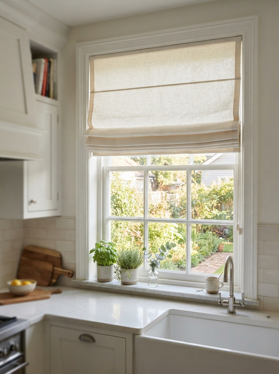 Roman shade half-raised in a kitchen window