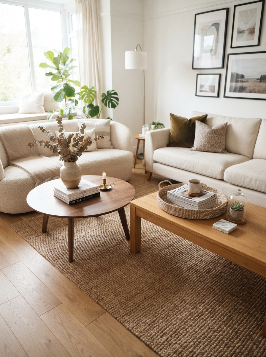 Round and rectangular coffee tables styled differently