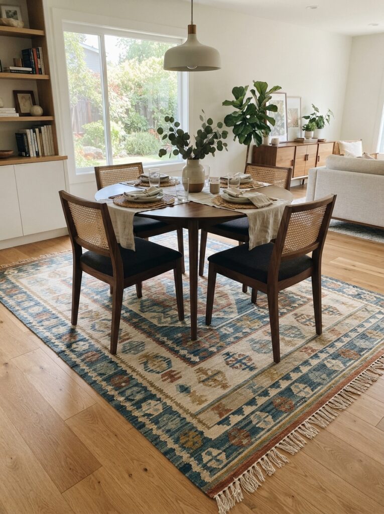 large rug under the dining table keeping all chair legs on the rug