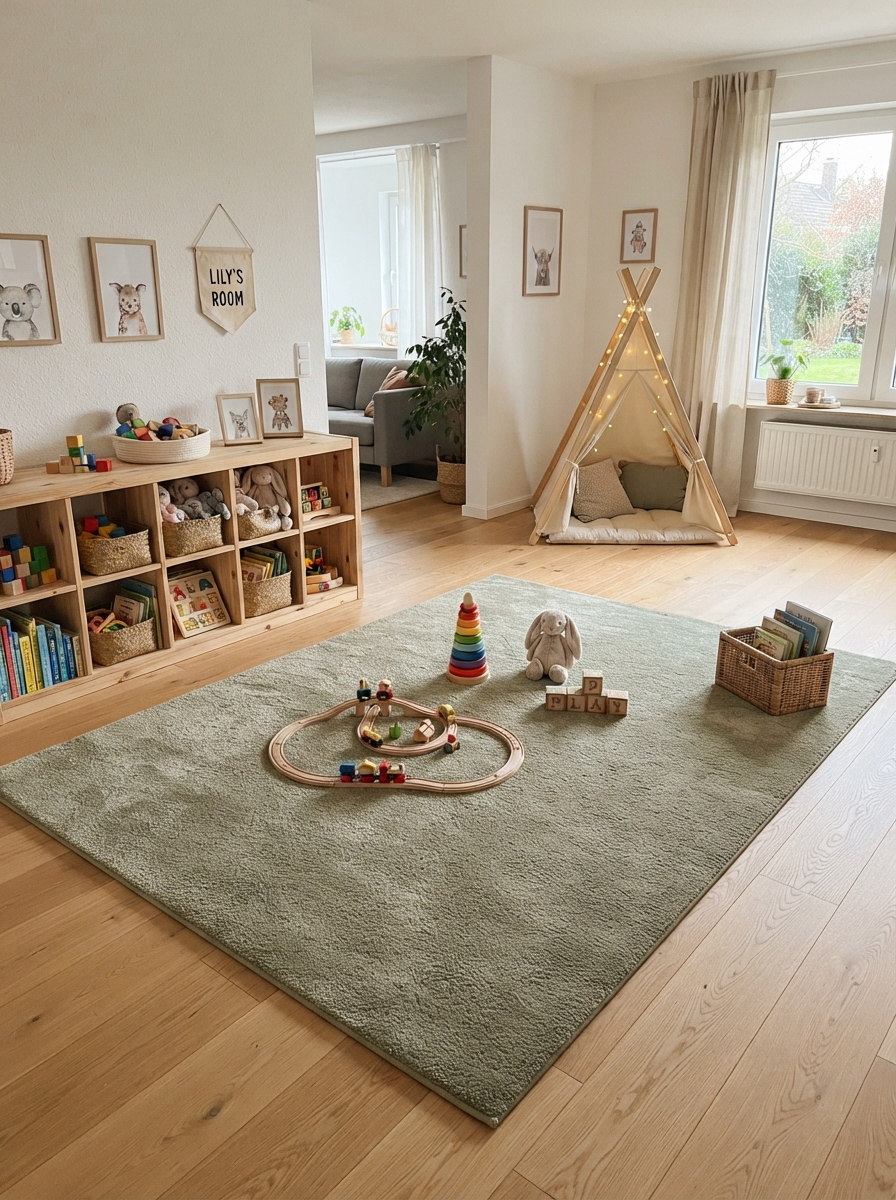 Rug anchoring playroom floor