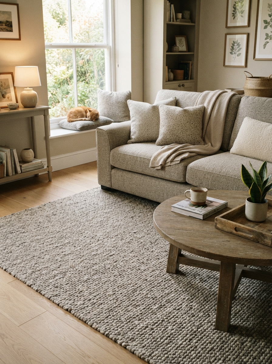 Neutral rug and sofa combination chosen to hide pet hair