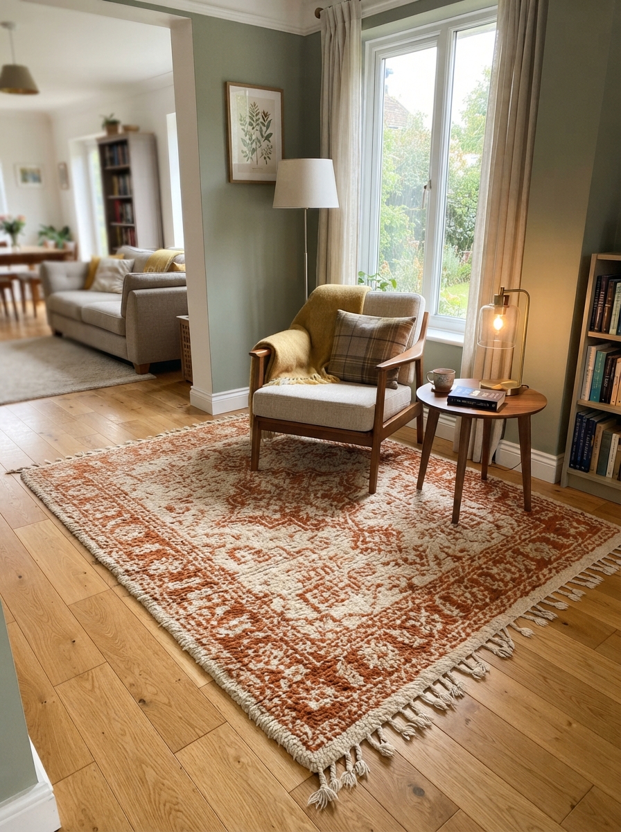 Rug defines reading nook space