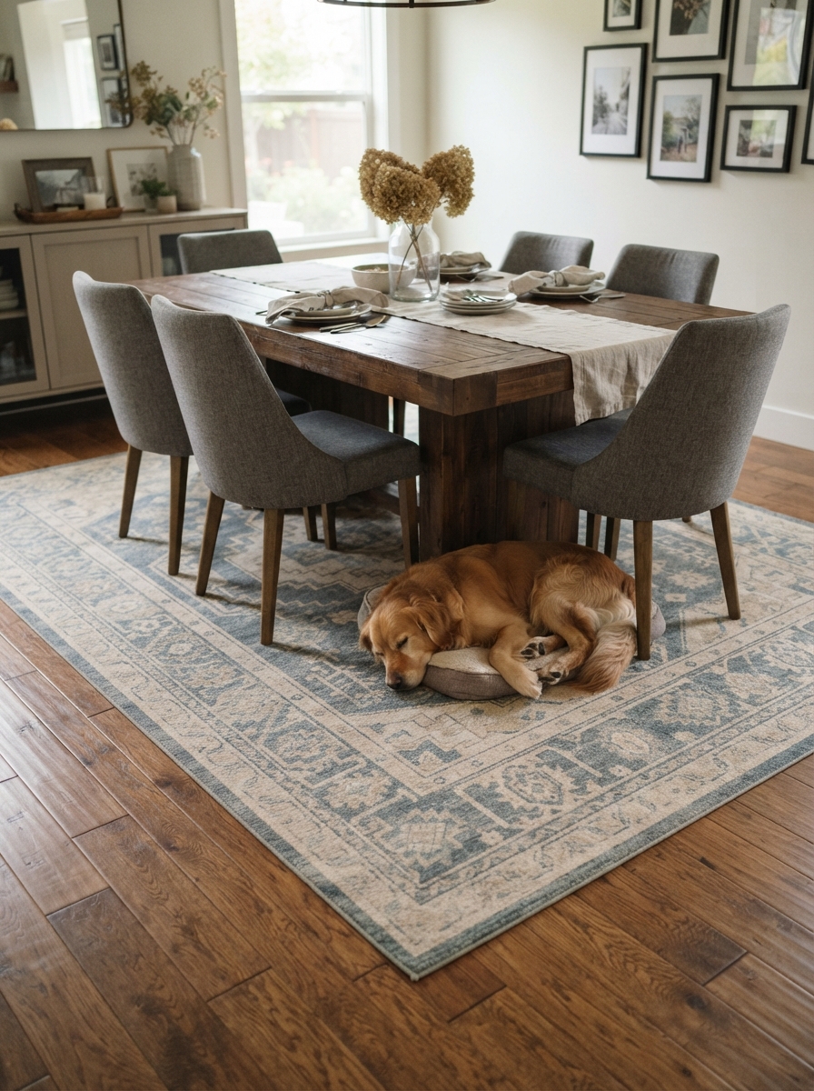 Low-pile rug protecting hardwood floors under a dining table