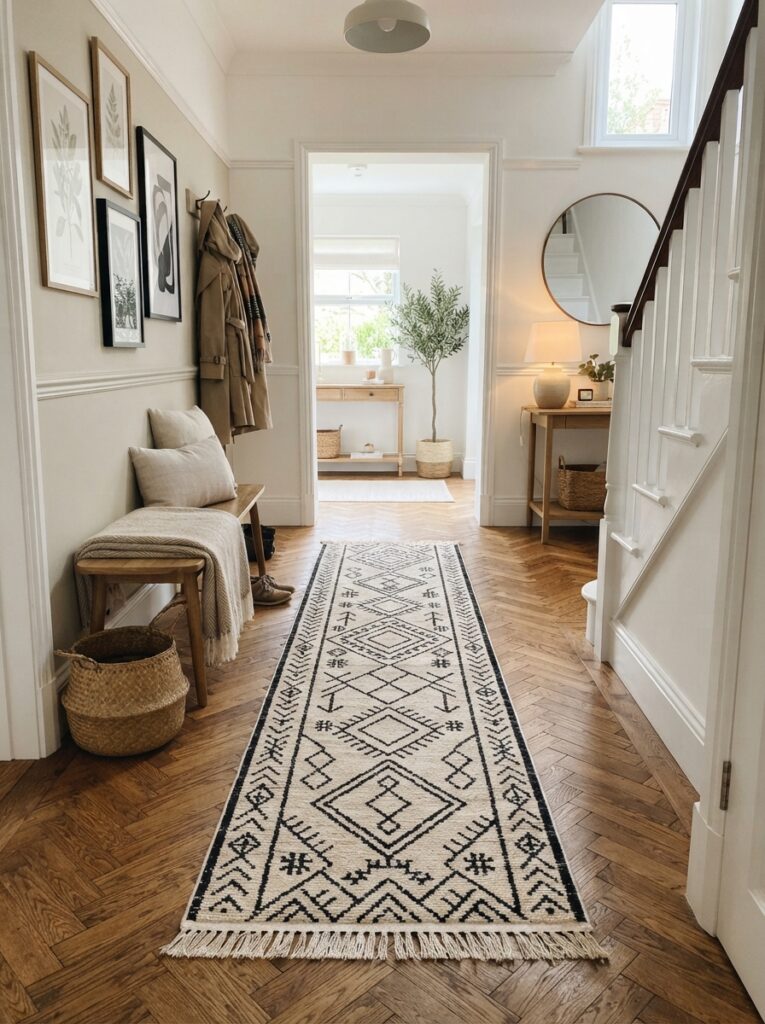 narrow runner rug in a black and cream geometric pattern on a herringbone wood floor entryway