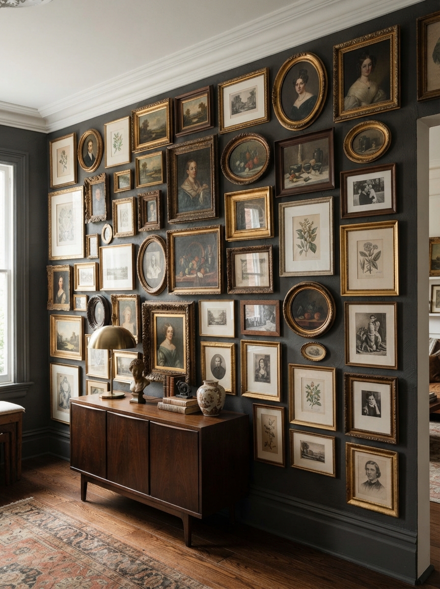 Salon-style gallery wall packed with mixed art and frames