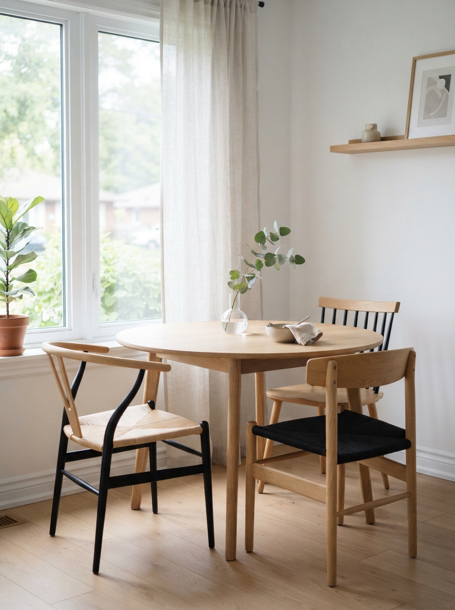 Scandinavian dining nook with pale wood table and mismatched light wood chairs