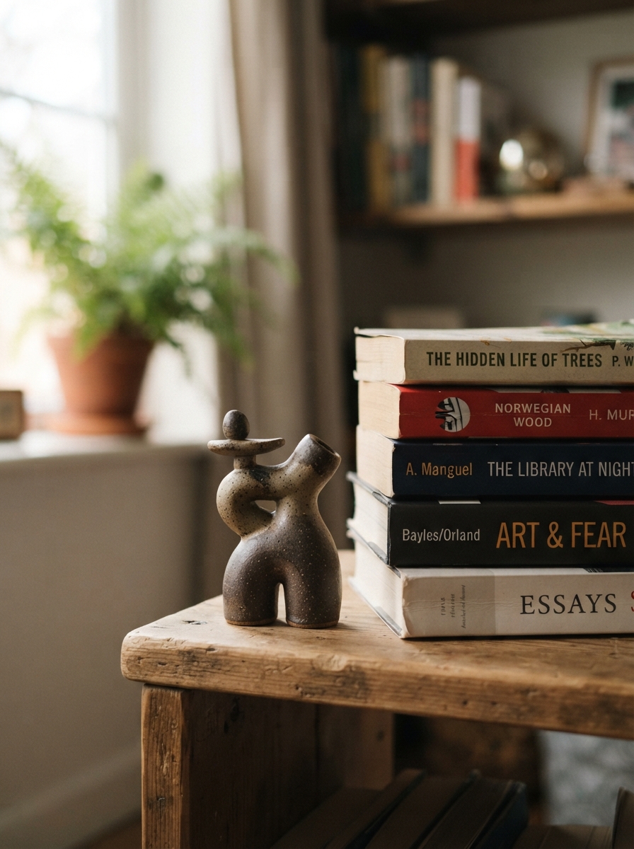 Small sculptural object balanced beside a stack of books