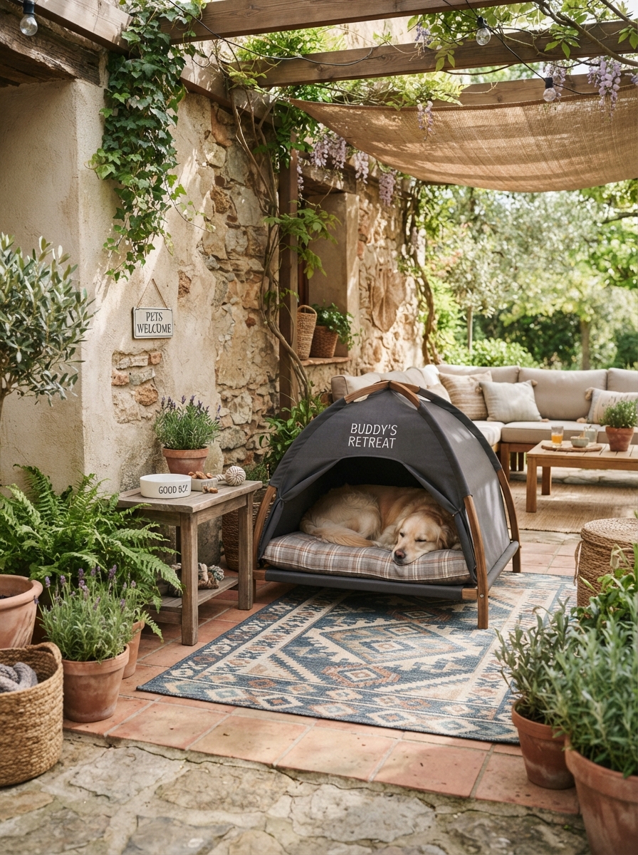 Shaded patio corner with a stylish outdoor dog bed