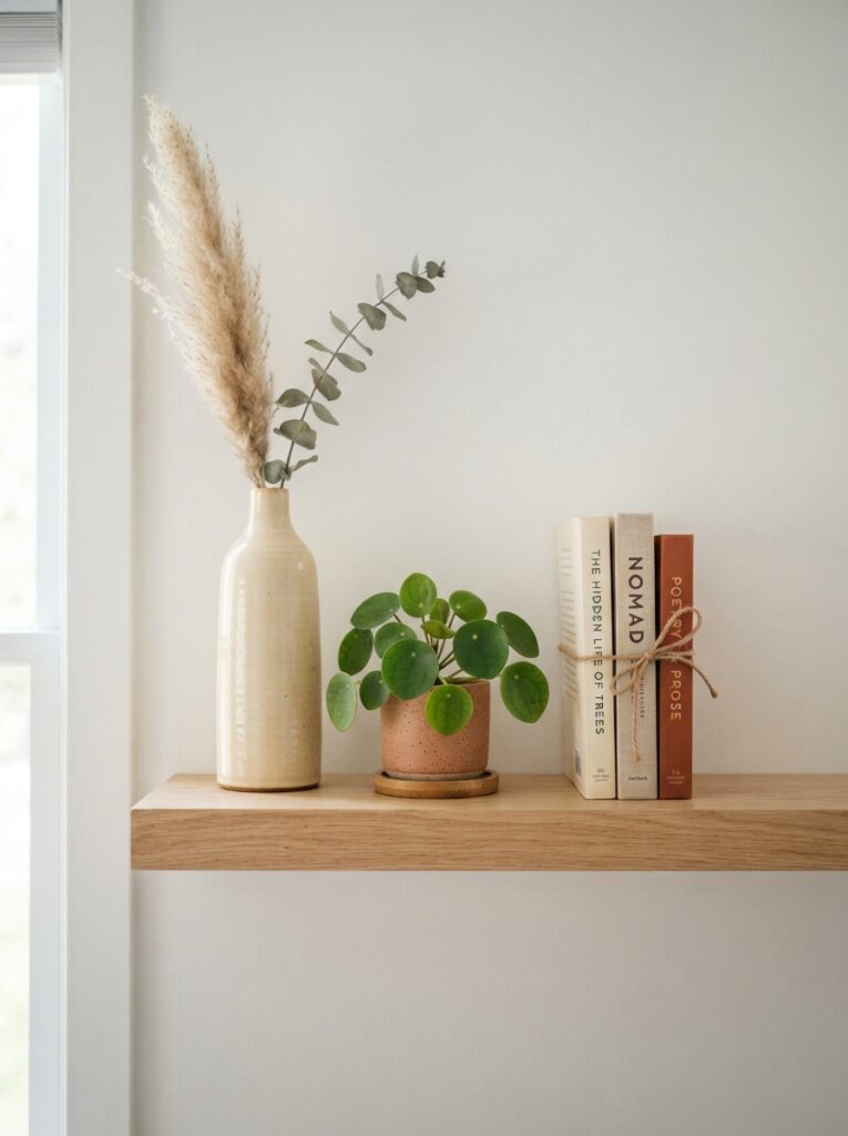 shelf objects arranged using the triangle method with a tall piece flanked by two shorter ones