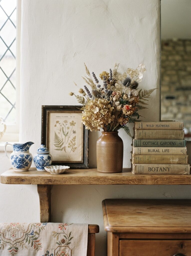 cottage-style shelf styled with blue and white ceramics and stacked vintage books