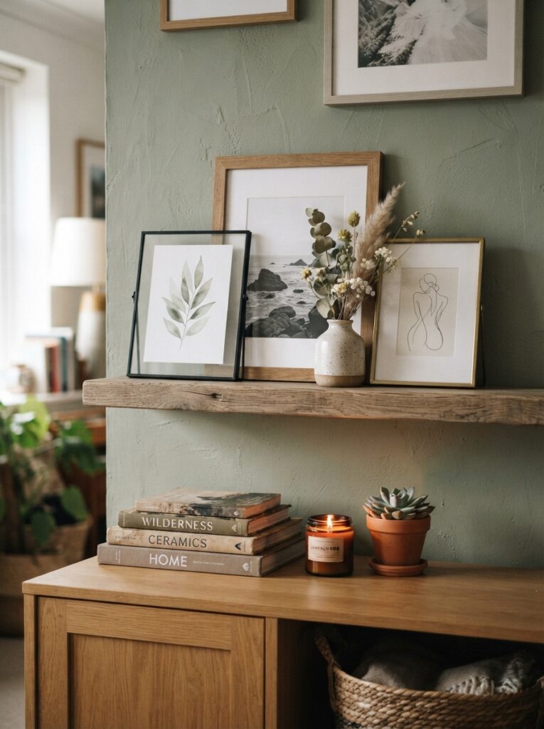 small framed prints leaning against the back of a styled shelf