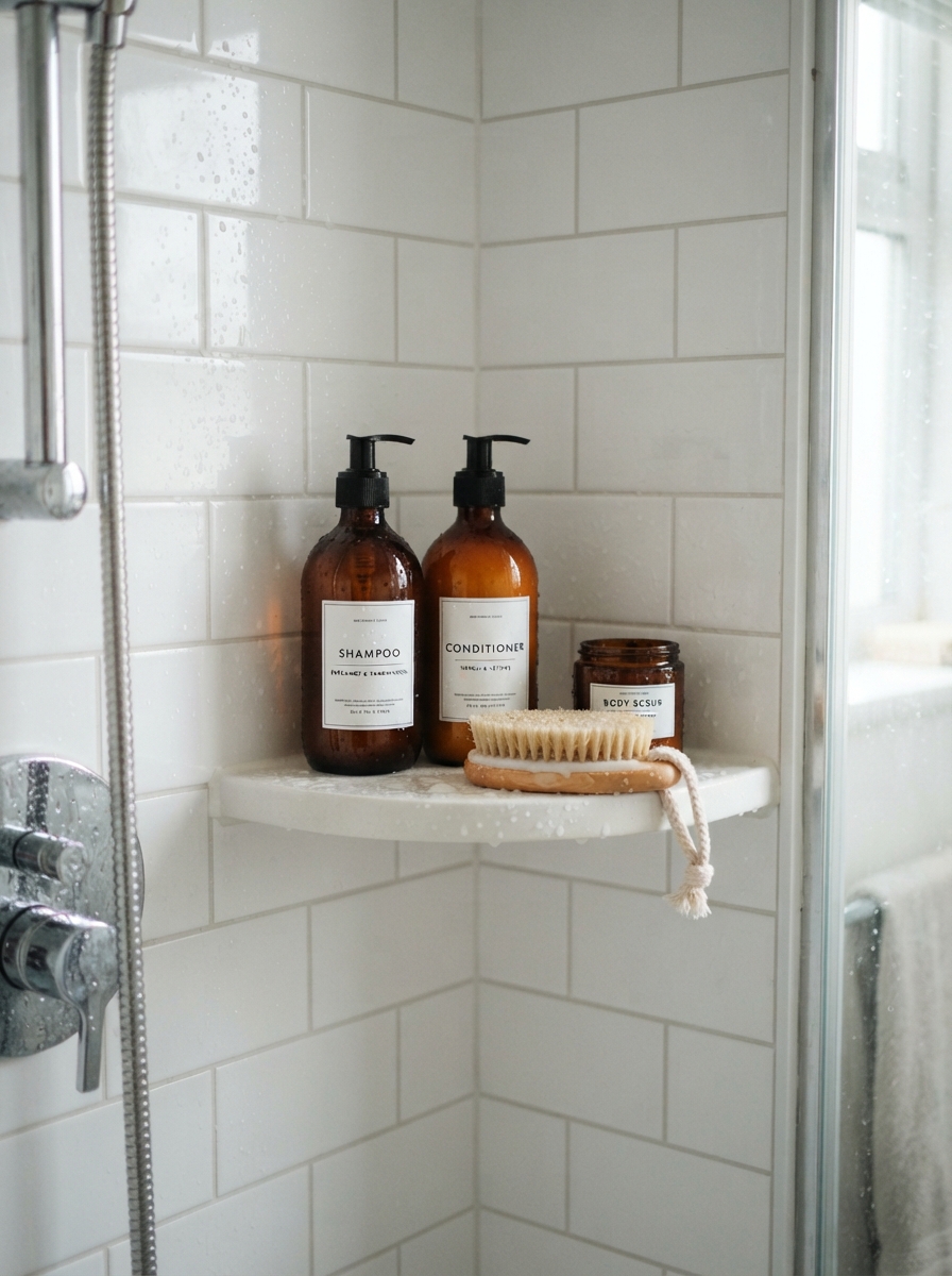 Corner shower shelf styled with matching amber glass bottles