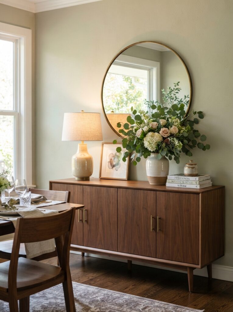 buffet sideboard against the dining room wall styled with a mirror and lamp