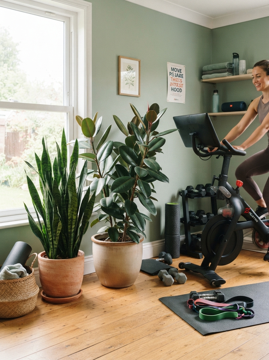 Snake plant and rubber plant styled in a home workout space