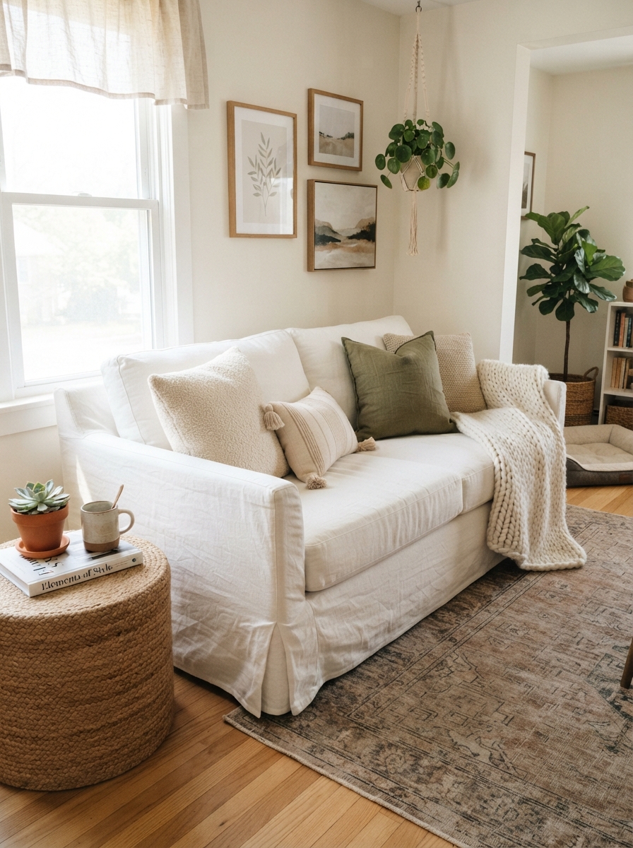 Dated rental sofa transformed with a white linen slipcover