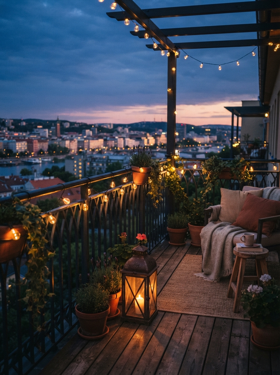 Solar string lights on railing