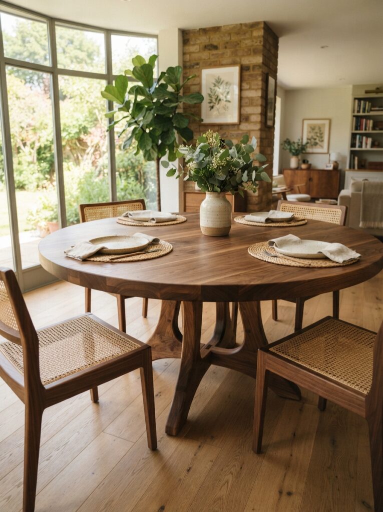 solid wood dining table with visible grain anchoring the dining room
