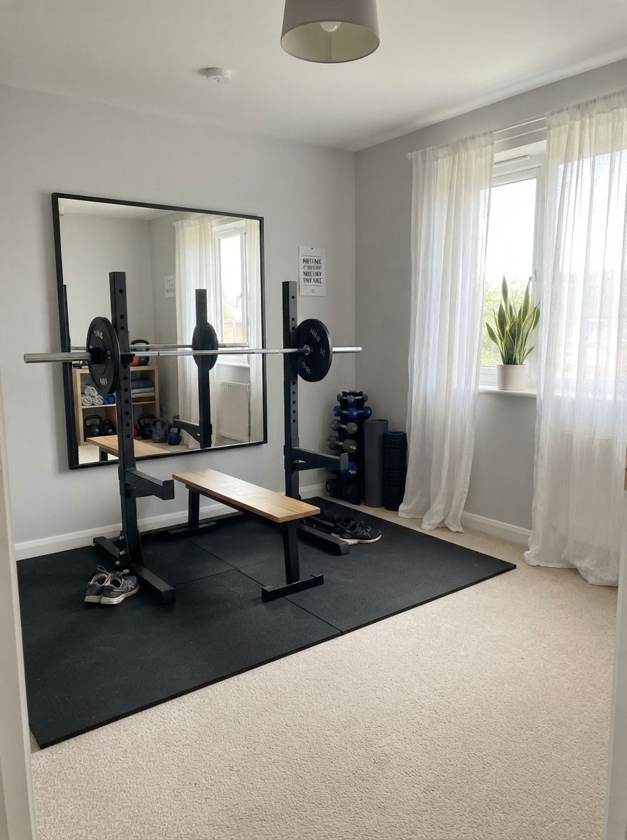 Spare bedroom converted into a gym with a squat rack