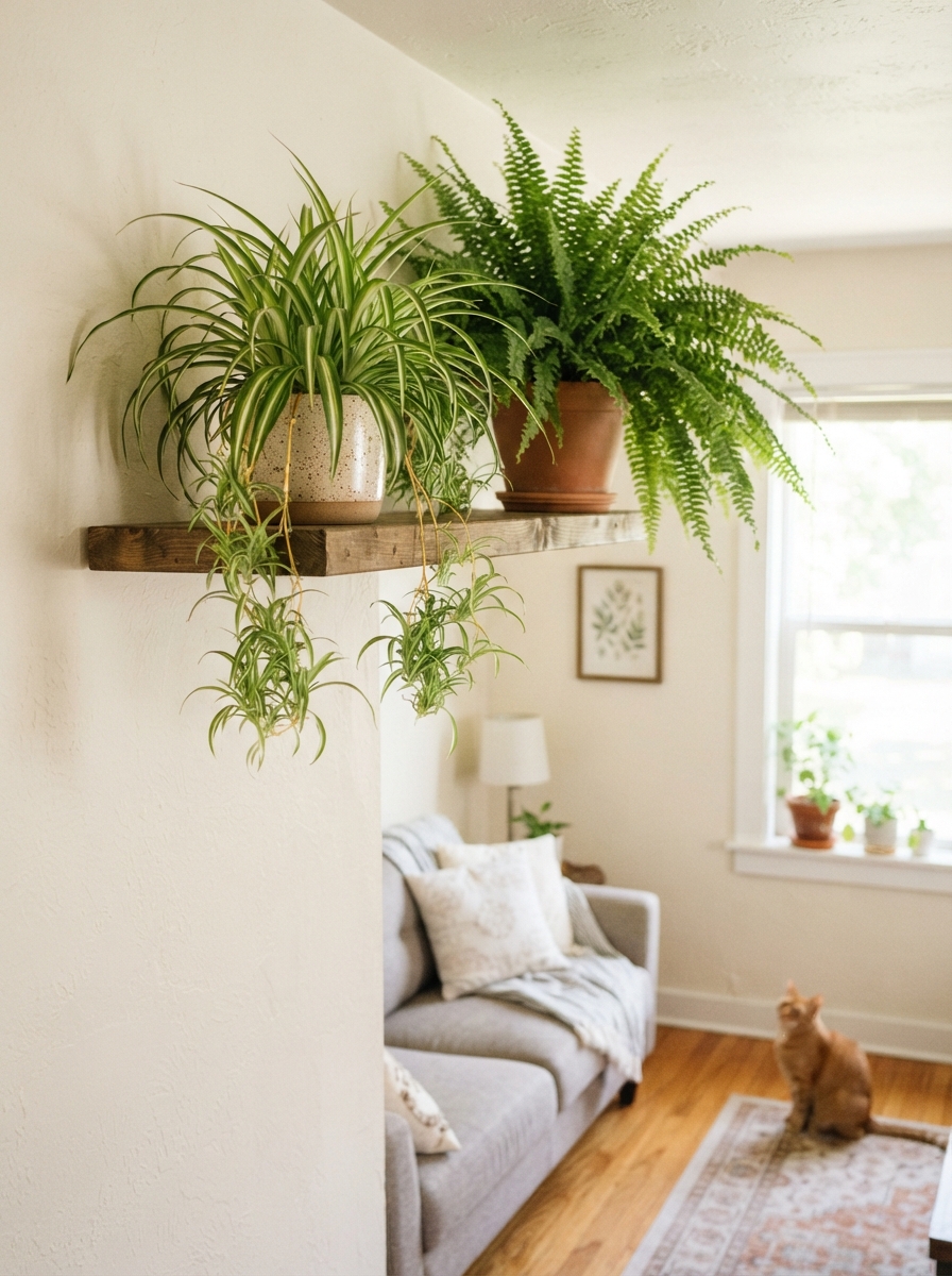 Pet-safe spider plant and fern styled on a shelf