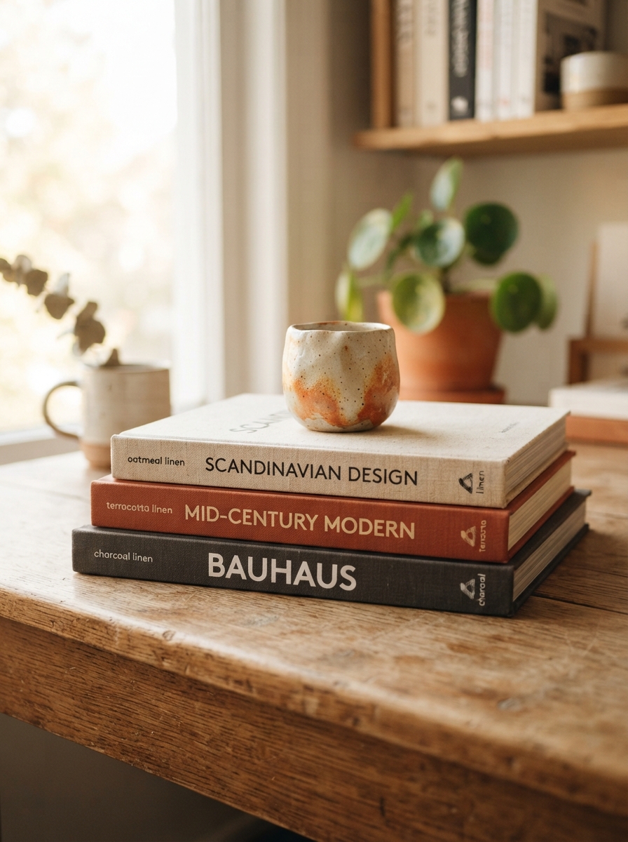 Stack of hardcover books topped with a ceramic object
