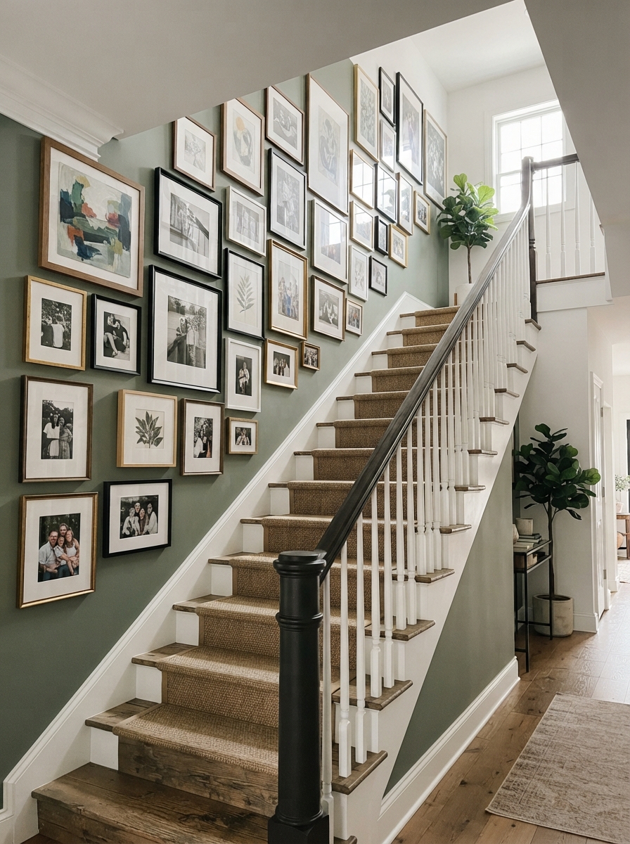Gallery wall shot following the angle of a staircase