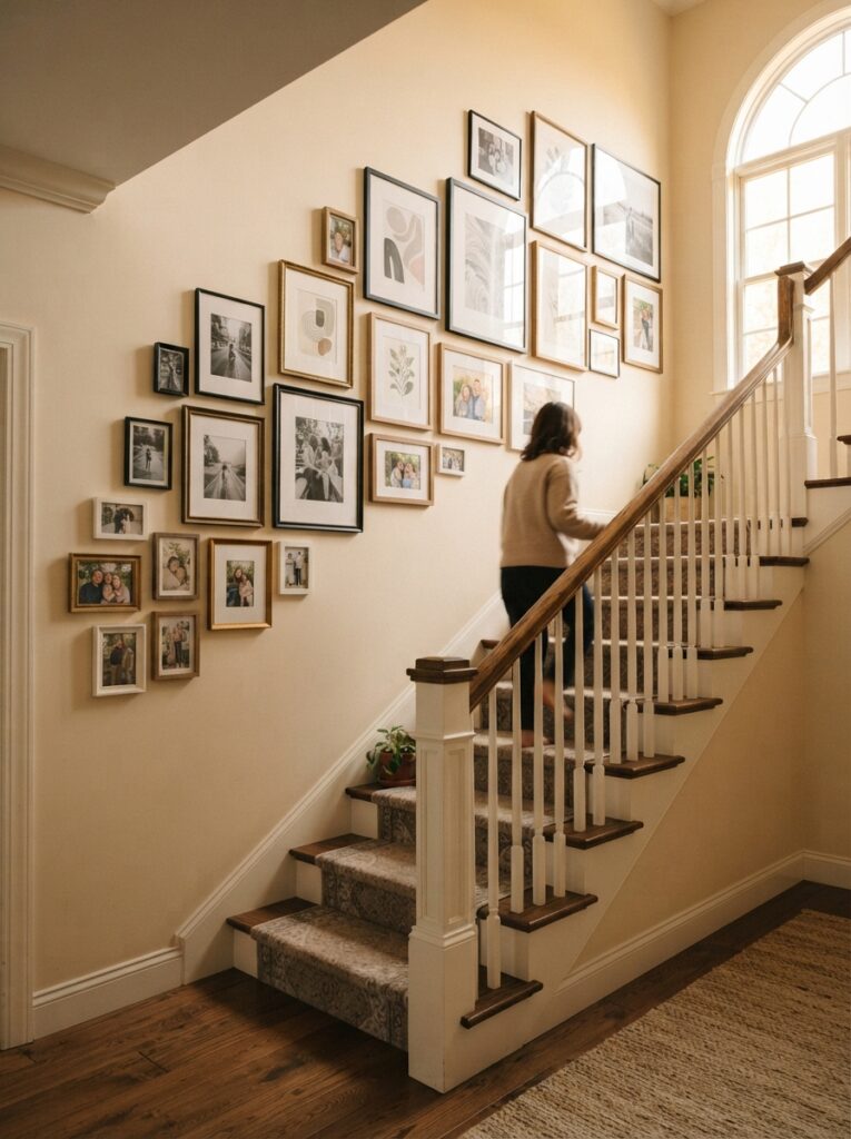 staircase wall with gallery frames arranged along the diagonal line of the stairs scaling up in size