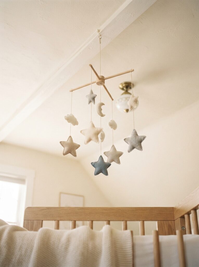 Star mobile hanging above a nursery crib