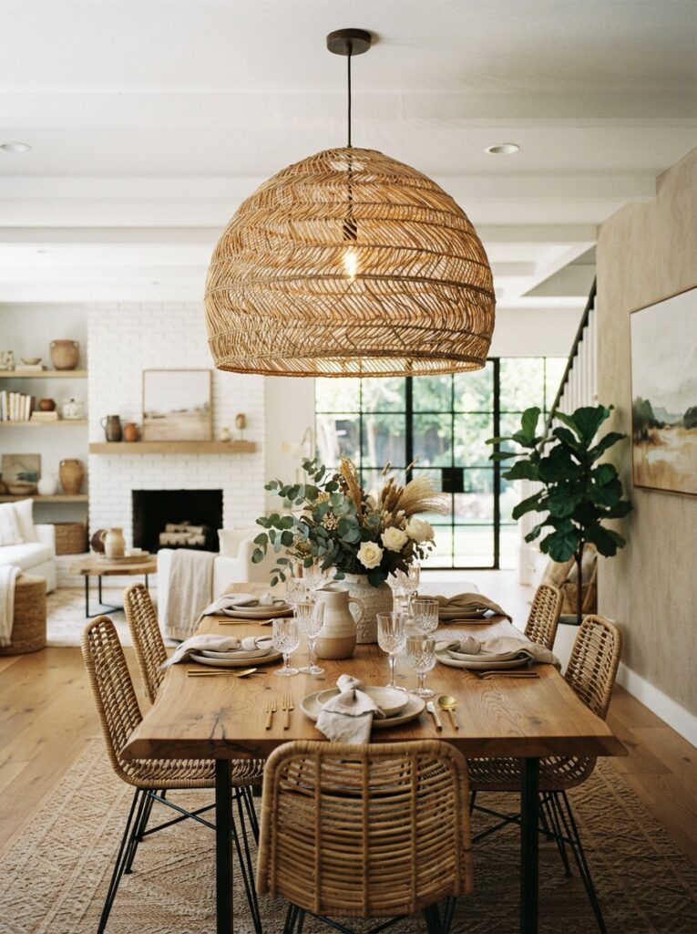 statement chandelier as the focal point of the dining room