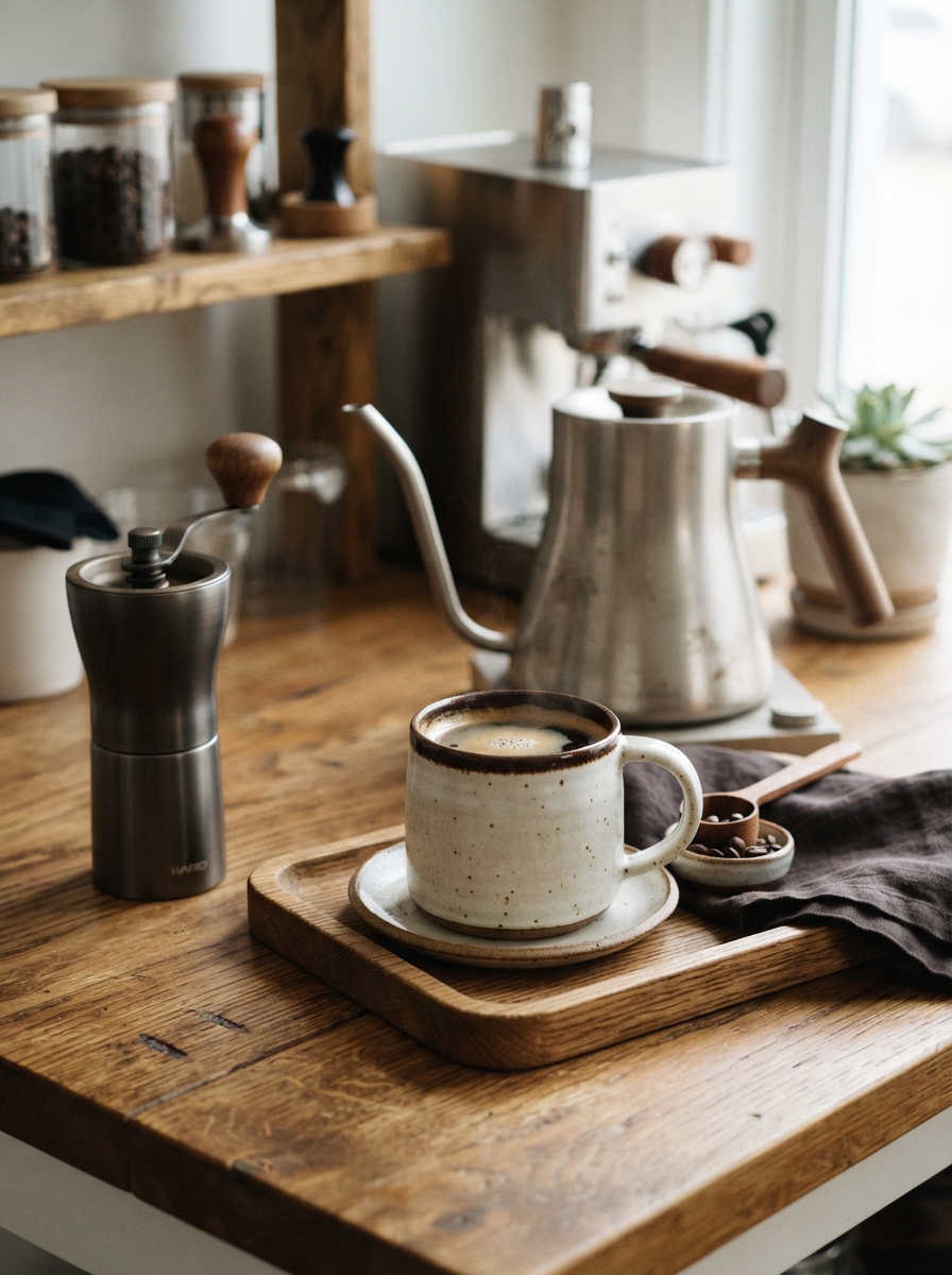 Stoneware, brushed metal and oak coffee station materials
