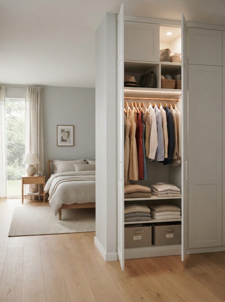 calm minimalist bedroom with hidden storage keeping surfaces clear