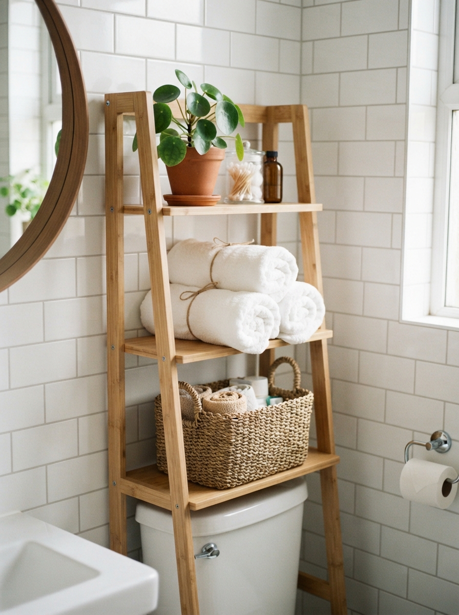Over-the-toilet ladder storage shelf styled with towels