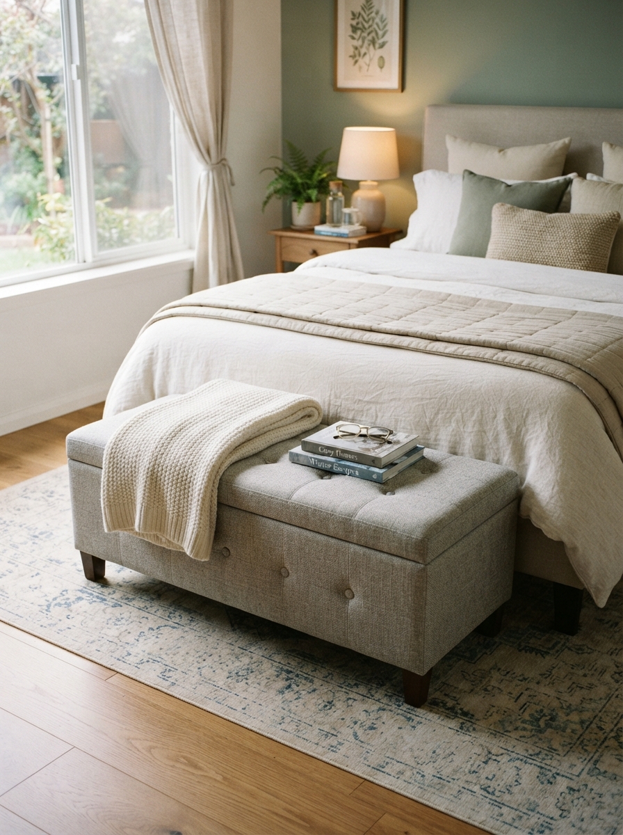 Storage ottoman at foot of bed