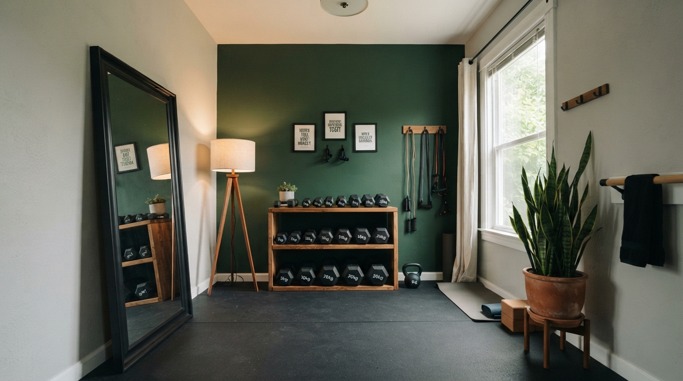 Stylish home gym wide shot showing a considered, motivating workout space