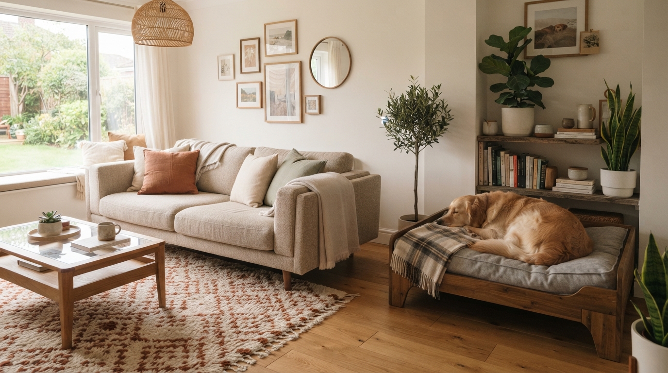 Stylish living room with a dog, showing a pet-friendly home that still looks polished