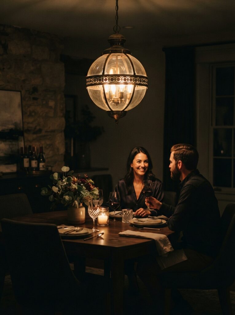 dining table lit by a statement pendant light hung above the tabletop