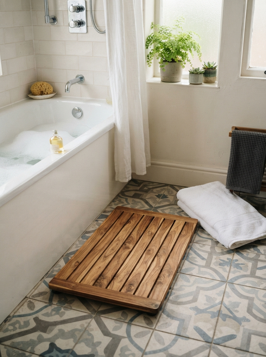 Teak bath mat on a tiled bathroom floor